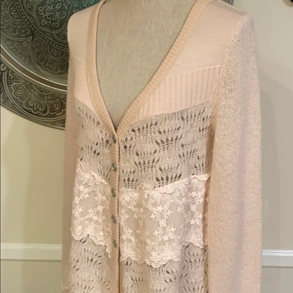 Free People Pale Blush Pink Lace & Knit Button-Up Cardigan - Picture 5 of 13
